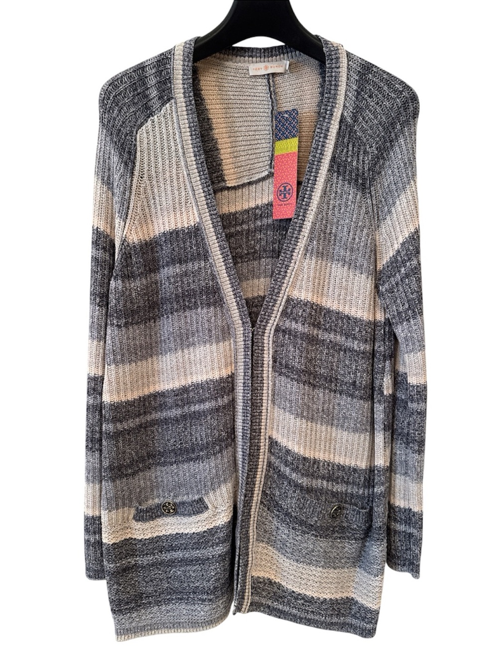 ⭐️NWT⭐️Tory Burch Multi Blue Erin Knit Cardigan Open-Front & Two Button pockets